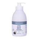 A white pump bottle of MooGoo Natural Skin Milk Udder Cream, featuring a blue-gray label band and white text, set against a plain white background.