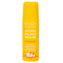 MooGoo Natural Tail Swat Roll-On spray can in a bright yellow color, featuring white text and a cute cow illustration at the bottom, set against a plain white background.