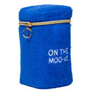 Blue towel pouch with gold zipper and 'ON THE MOO-VE' text on a white background