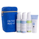 Set of Moogoo pet care products including a blue bag labeled 'On the Moo-ve' on a white background.