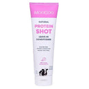 MooGoo Natural Protein Shot Leave-In Conditioner in a white squeeze tube with a pink cap and pink text, shown on a plain white background.