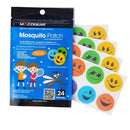 A package of Mozzigear mosquito patches shown with several sheets of round embroidered patches featuring colorful smiley faces on a white background.