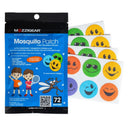 A package of Mozzigear Mosquito Patch repellent patches shown with several sheets of colorful round patches featuring smiling faces in different colors.