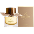 Burberry perfume bottle with gold cap and packaging on a white background