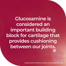 A red graphic card with white text explaining that glucosamine is an important building block for cartilage and cushioning between joints. Small text at the bottom says to always read the label and follow the directions for use.