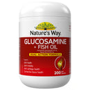 Nature's Way Glucosamine + Fish Oil supplement bottle, 200 soft capsules, featuring a white plastic container with a red and white label.