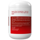 A white plastic bottle of Nature's Way Glucosamine + Fish Oil supplement, showing the back label with red text and a large red informational block on a white background.