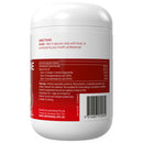 The back of a white plastic supplement bottle with a red label, showing directions, ingredients, warnings, and a barcode on a white background.