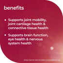 A dark magenta graphic with the word 'benefits' at the top and two bullet points listing health benefits: supports joint mobility, joint cartilage health, and connective tissue health; supports brain function, eye health, and nervous system health. Small text at the bottom says, 'Always read the label and follow the directions for use.