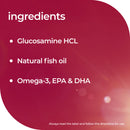 A red graphic with a bulleted ingredients list reading 'ingredients' followed by 'Glucosamine HCL', 'Natural fish oil', and 'Omega-3, EPA & DHA'. Small text at the bottom says 'Always read the label and follow the directions for use.
