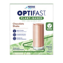 Nestle OptiFast Plant-Based Chocolate Shake powder box, 540g. The packaging is white with green accents, featuring a glass of the light pinkish-brown shake, and text highlighting its plant-based, vegan, and high-protein qualities.