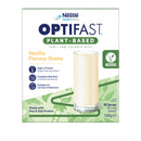 Nestlé OptiFast Plant-Based Vanilla Flavour Shake powder box, 540g, featuring a glass of creamy vanilla shake on the front, with Nestlé Healthscience branding and a green Vegan badge.