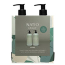 Natio Spirit Home gift set featuring two pump bottles of botanical body wash and hand wash in a gray presentation box with green botanical leaf patterns.