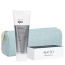 Natio Bliss Gift Set featuring a tube of Spa Heavenly Hand Cream, a blue textured pencil case, and a white box with Natio branding.