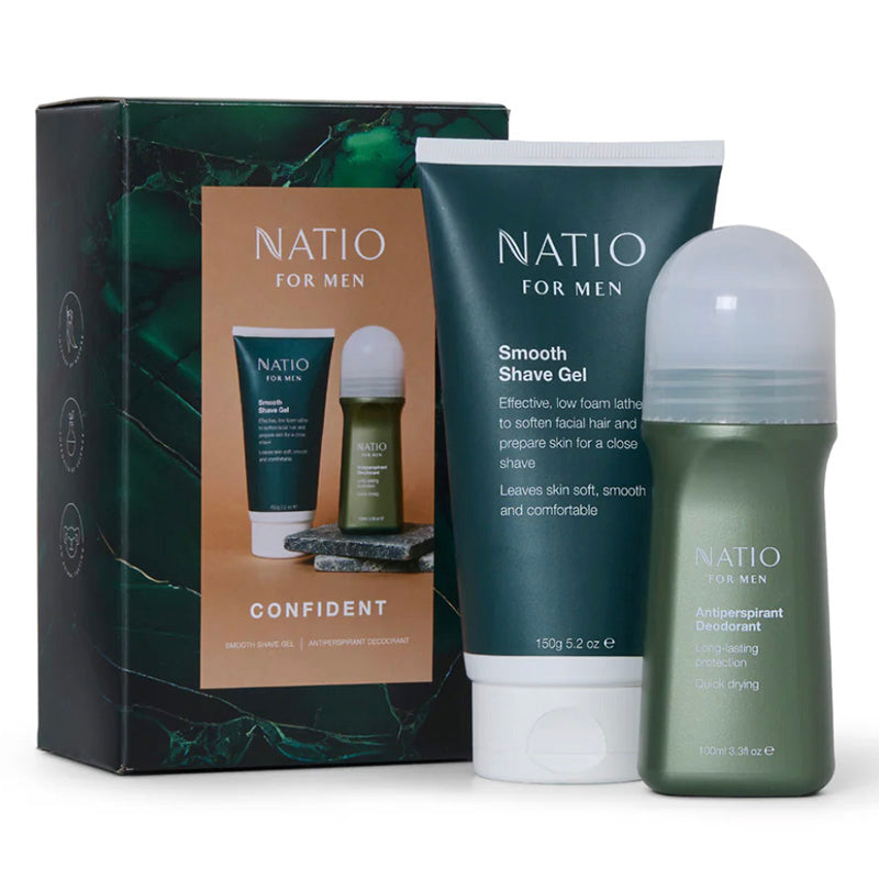 Natio for Men grooming products including a tube and a bottle on a white background