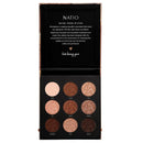 Makeup palette with Natio branding and product names on a white background