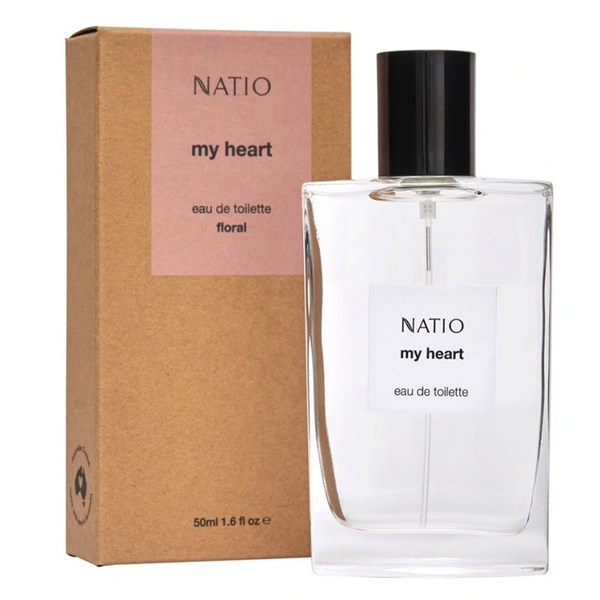 Natio 'my heart' eau de toilette bottle and packaging on a white background