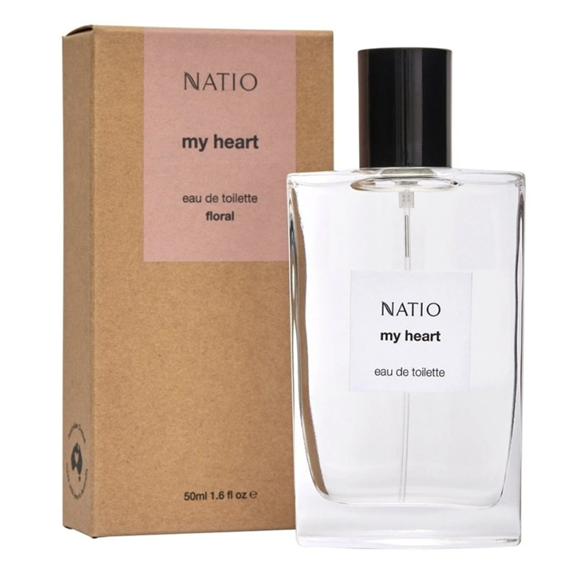 Natio 'my heart' eau de toilette bottle and packaging on a white background