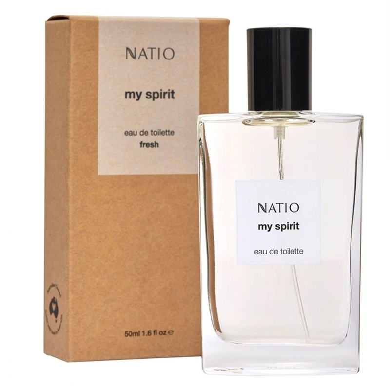 Natio 'my spirit' eau de toilette bottle and packaging on a white background