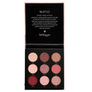 Natio makeup palette with nine circular cosmetic shades on a black background