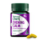 Bottle of Nature's Own Evening Calm supplement with purple label and green cap on a white background.
