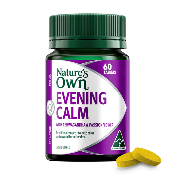 Bottle of Nature's Own Evening Calm supplement with purple label and green cap on a white background.