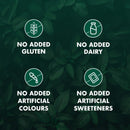 Four icons indicating 'No Added Gluten', 'No Added Dairy', 'No Added Artificial Colours', and 'No Added Artificial Sweeteners' on a green leafy background.