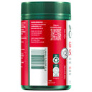A green plastic supplement jar shown from the back, featuring a bright red label with a barcode, QR code, recycling icons, and white text including 'NO GLS'.
