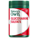 Nature's Own Glucosamine Sulfate supplement bottle with a green cap and a red and white label, containing 240 tablets.