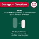 Dosage and directions graphic for Nature's Own Glucosamine Sulfate 1500 mg tablets, showing a larger dark green capsule transforming into a smaller white capsule, with text stating adults should take 2 tablets daily and a '240 Tablets' badge.