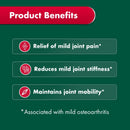 A dark green promotional graphic titled 'Product Benefits' with three benefit callouts: relief of mild joint pain, reduction of mild joint stiffness, and maintenance of joint mobility, each with a small icon and footnote referencing mild osteoarthritis.