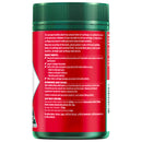 Red supplement bottle label with green cap on a white background