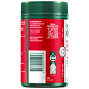 A green plastic supplement jar with a red label, showing the side and back details including a barcode, QR code, and recycling icons.