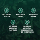 A dark green leaf-patterned graphic with six white icons and text stating: No Added Gluten, No Added Dairy, No Added Sugar, No Added Artificial Flavours, and No Added Artificial Preservatives or Sweeteners.