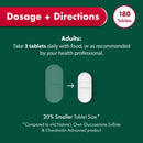 Dosage and directions graphic for Nature's Own Glucosamine Sulfate and Chondroitin Advanced product, showing adult tablet instructions, a 180 tablets count, and a 20% smaller tablet size comparison on a dark green background.
