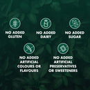 A dark green background with leaf imagery and six white circular icons with text reading: No Added Gluten, No Added Dairy, No Added Sugar, No Added Artificial Colours or Flavours, and No Added Artificial Preservatives or Sweeteners.