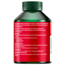 A dark green plastic bottle of glucosamine supplement with a ribbed green cap, showing the red and white back label with text details on a plain white background.