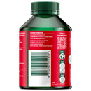 Back view of a dark green plastic supplement bottle with a ribbed green cap, featuring a red and white printed label with a barcode, QR code, and recycling icons.