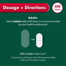 Dosage and directions graphic for Nature's Own Glucosamine Sulfate and Chondroitin Advanced product, showing adult tablet instructions, a 180 tablets count, and a 20% smaller tablet size comparison on a dark green background.