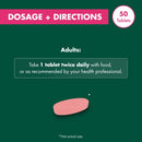 Dosage and directions graphic for a 50-tablet product, showing a pink oval tablet on a dark green background with text instructions for adults.