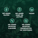 A dark green graphic with leaf imagery and five circular icons with text reading 'NO ADDED GLUTEN', 'NO ADDED DAIRY OR LACTOSE', 'VEGAN', 'NO ADDED ARTIFICIAL FLAVOURS', and 'NO ADDED ARTIFICIAL PRESERVATIVES OR SWEETENERS'.