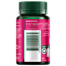Back label of a supplement bottle with green cap and pink label on a white background