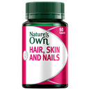 Nature's Own Hair, Skin and Nails supplement bottle with a dark green cap and a magenta and white label, containing 50 tablets.