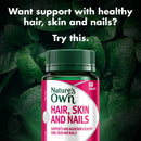 Nature's Own Hair, Skin and Nails supplement bottle with green leaves in the background