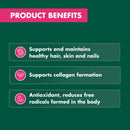 A dark green promotional graphic with a pink header reading 'PRODUCT BENEFITS' and three benefit boxes below: supports and maintains healthy hair, skin and nails; supports collagen formation; antioxidant, reduces free radicals formed in the body.