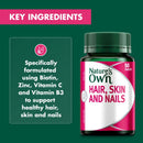 Nature's Own Hair, Skin and Nails supplement bottle on a dark green background with a 'KEY INGREDIENTS' banner and text detailing biotin, zinc, vitamin C, and vitamin B3.