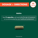 Dosage and directions graphic for a capsule product on a dark green background, with an orange header reading 'DOSAGE + DIRECTIONS,' a white circle noting '30 Capsules,' and a single capsule shown near the bottom.