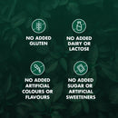 Four green circular icons with white text on a dark green leafy background state: no added gluten, no added dairy or lactose, no added artificial colours or flavours, and no added sugar or artificial sweeteners.