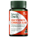 Nature's Own High Strength Echinacea 10,000 supplement bottle with 30 capsules, featuring a dark green cap and a red, white, and silver label.