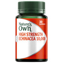 Nature's Own High Strength Echinacea 10,000 supplement bottle with a dark green cap and a red, white, and silver label, containing 30 capsules.